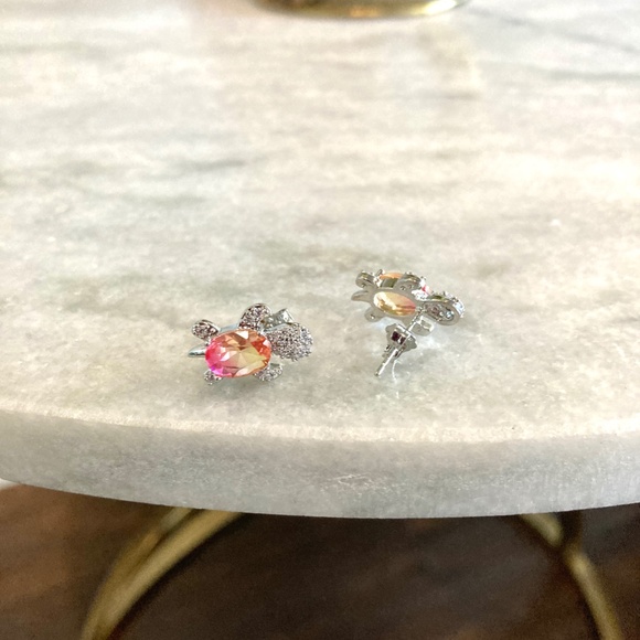 Rainbow Zircon Stone Pink Yellow Turtle Silver Earrings - Picture 4 of 4